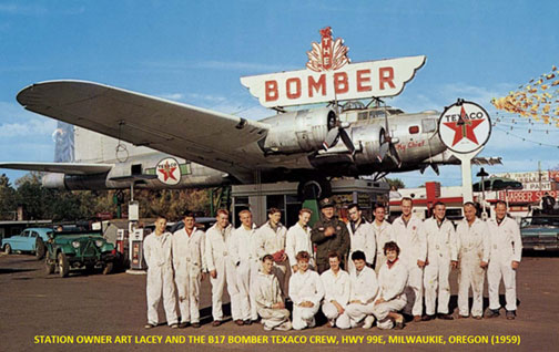 1959 photo of the Lacey Lady B-17 on the gas station in Milwaukie